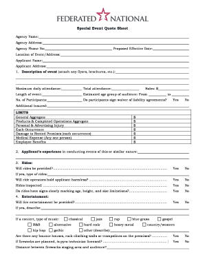 Special Event Quote Sheet