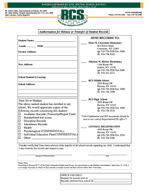 Authorization for Release or Transfer of Student Records