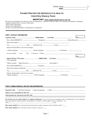 KAISER CENTER FOR REPRODUCTIVE HEALTH INFERTILITY HISTORY FORM - mydoctor kaiserpermanente