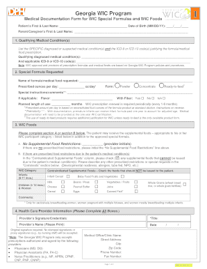 Georgia WIC Special Formulas Medical Documentation Form