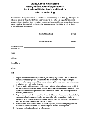 Spackenkill Technology Acknowledgment Form