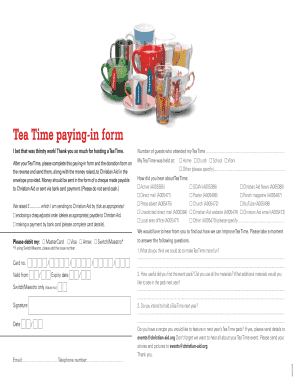Christian Aid Tea Time Paying-In Form