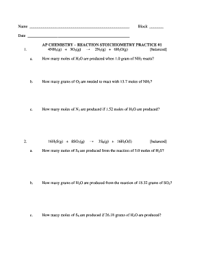 AP Chemistry Reaction Stoichiometry Practice Worksheet