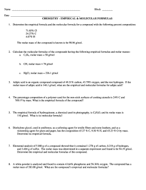 Chemistry Empirical and Molecular Formulas Worksheet
