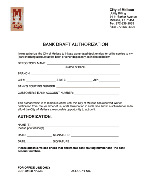 City of Melissa Utility Billing Authorization