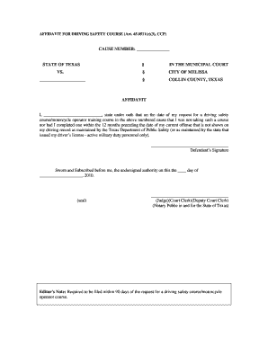 Affidavit for Driving Safety Course