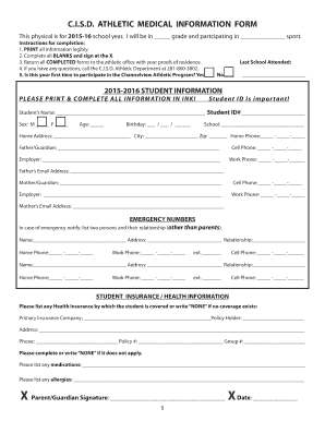 Channelview ISD Athletic Medical Information Form