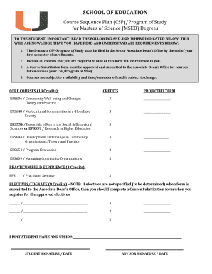 Course Sequence Plan for Masters of Science Degrees