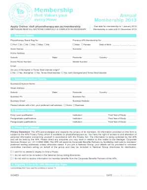 Australian Physiotherapy Association Membership Application 2013