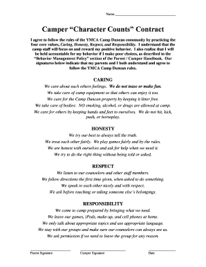 YMCA Camp Duncan Camper Character Counts Contract