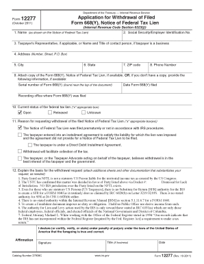 IRS Form 12277 Application for Withdrawal of Filed Form 668(Y)