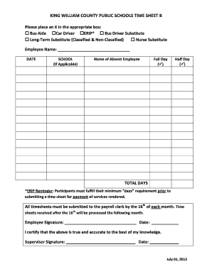 King William County Public Schools Time Sheet B