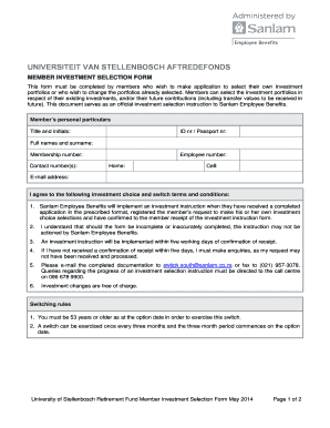 University of Stellenbosch Retirement Fund Member Investment Selection Form