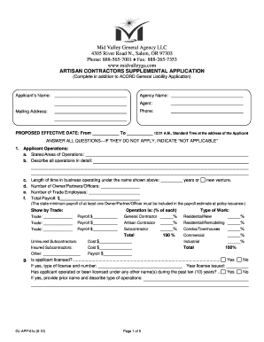 Artisan Contractors Supplemental Application
