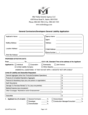 General Contractors/Developers General Liability Application