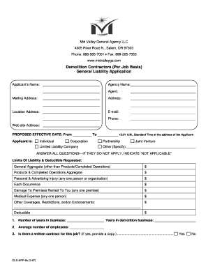Demolition Contractors General Liability Application