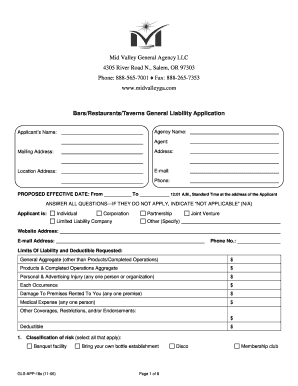 Bars Restaurants Taverns General Liability Application