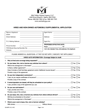 Hired and Non-Owned Automobile Supplemental Application