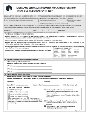 Moreland 4 Year Old Kindergarten Enrolment Application Form