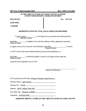 Certificate of Representation for Civil Legal Services