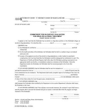 Maryland Court Order for In-Custody Drug or Alcohol Evaluation