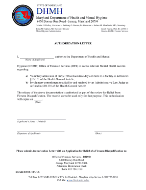 Maryland Authorization Letter for Firearm Disqualification Relief