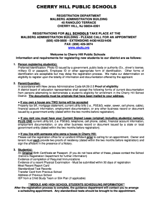 Cherry Hill Public Schools Student Registration Form