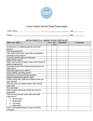 Second Grade Developmental Observation Checklist