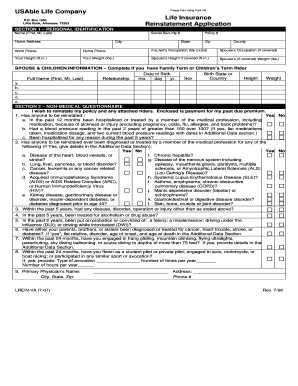 USAble Life Insurance Reinstatement Application