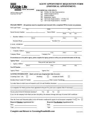 USAble Life Agent Appointment Requisition Form