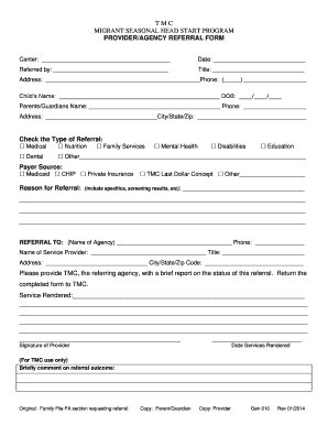 Migrant Seasonal Head Start Program Provider Referral Form
