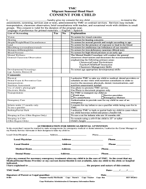 Migrant Seasonal Head Start Child Consent Form