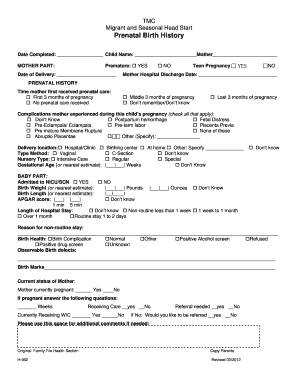 Migrant and Seasonal Head Start Prenatal Birth History Form