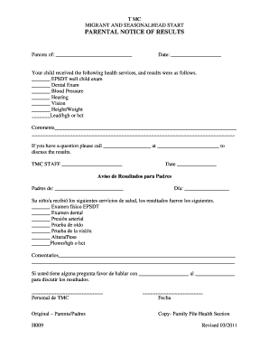 Migrant and Seasonal Head Start Parental Notice of Results