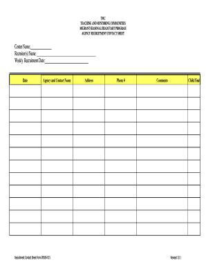 Migrant Seasonal Head Start Program Recruitment Contact Sheet