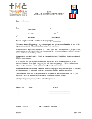 TMC Migrant Seasonal Head Start Diagnostic Referral Form