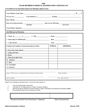 Team Member Medical Examination Certificate