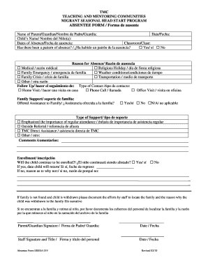 Absentee Form for Migrant Seasonal Head Start Program