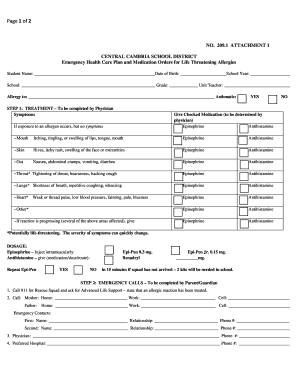 Emergency Health Care Plan for Life Threatening Allergies