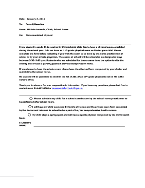 Pennsylvania 11th Grade Physical Exam Form