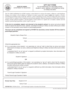 Hawaii Opt-Out Form for Military Recruiters