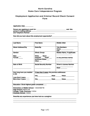 North Carolina Home Care Independence Program Employment Application