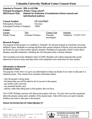 Columbia University Medical Center Biobank Consent Form