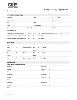 College Living Experience Employment Application