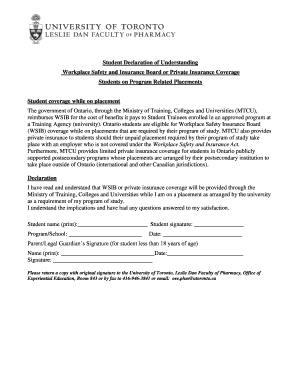 Student Declaration of Understanding for WSIB Coverage