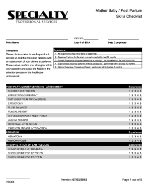 Mother Baby Postpartum Skills Checklist