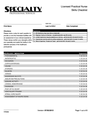 Licensed Practical Nurse Skills Checklist