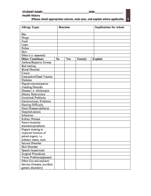 Student Health History Form
