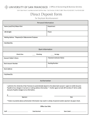 Direct Deposit Form for Employee Reimbursement