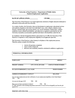 University of San Francisco Student Employment Application